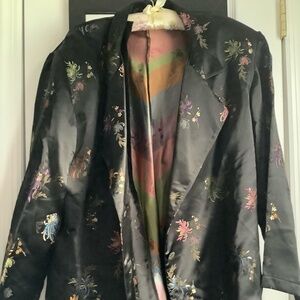 Black silk/satin floral embroidered jacket plus size